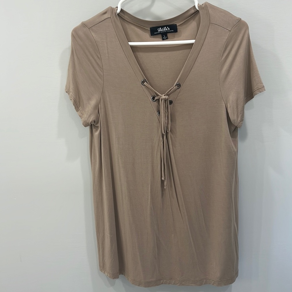 Beige lace up short sleeved top